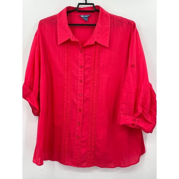 Koret 100% Cotton Button Down Blouse Coral Red 1/2 Roll Tab Sleeve Womens 3X - Picture 1 of 7